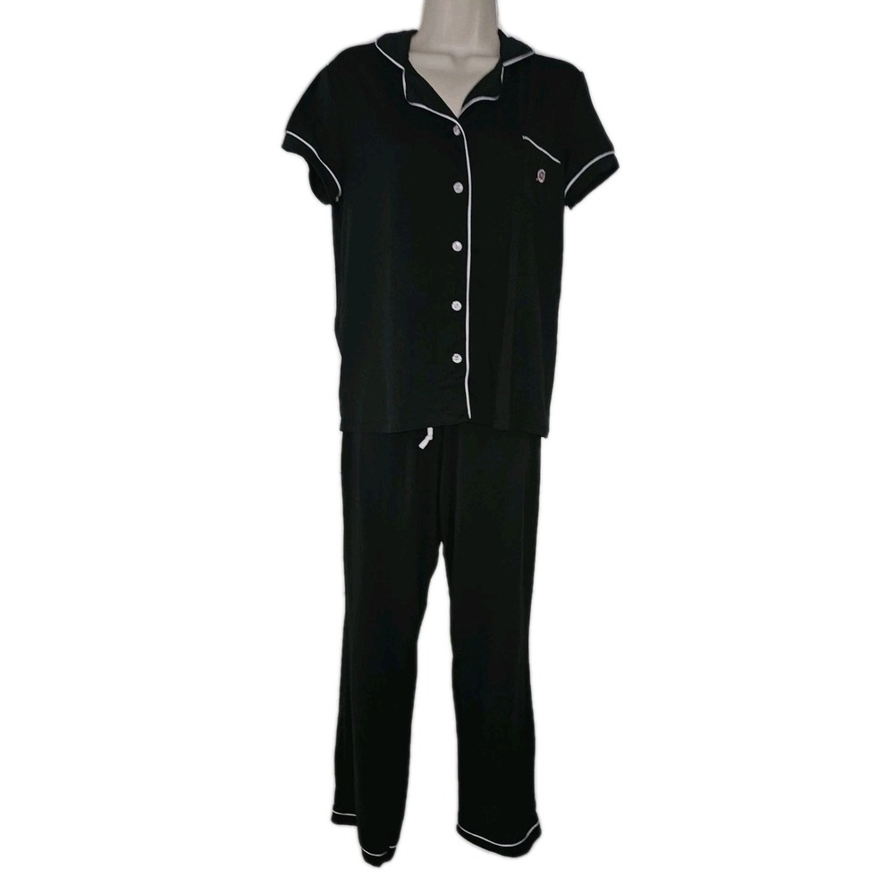 Born Womens S Pajama Set Black Short Sleeve Button Up & Pants‎ Embroided Logo